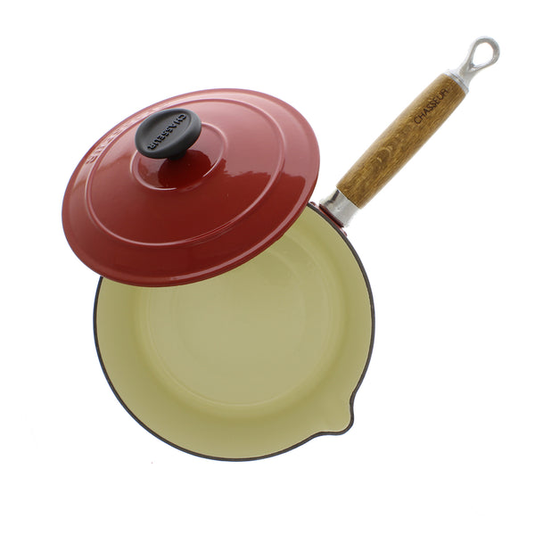 Chasseur Sauce Milk Pan 14cm Red Enameled Cast Iron wood handle 0.75 qt