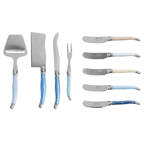 French Home Essential 9-Piece Laguiole Cheese Knife and Spreader Set with Shades of Blue Handles