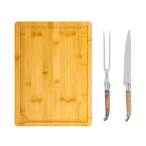 French Home Laguiole Olive Wood Carving Set with Wood Cutting Board