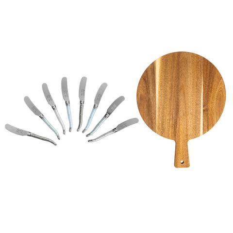 French Home Laguiole Spreaders with Mother of Pearl Handles and Wood Serving Board