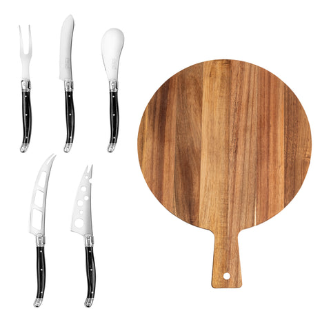 French Home Laguiole 6-Piece Black Pakkawood Artisan Cheese Knife Set and Round Wood Board