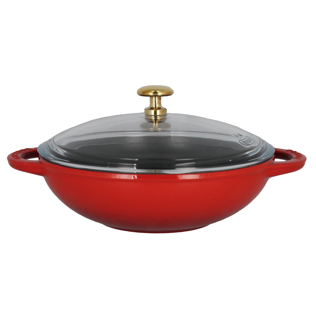 Chasseur French Enameled Cast Iron Wok with Glass Lid, 7-inch Diameter, Red