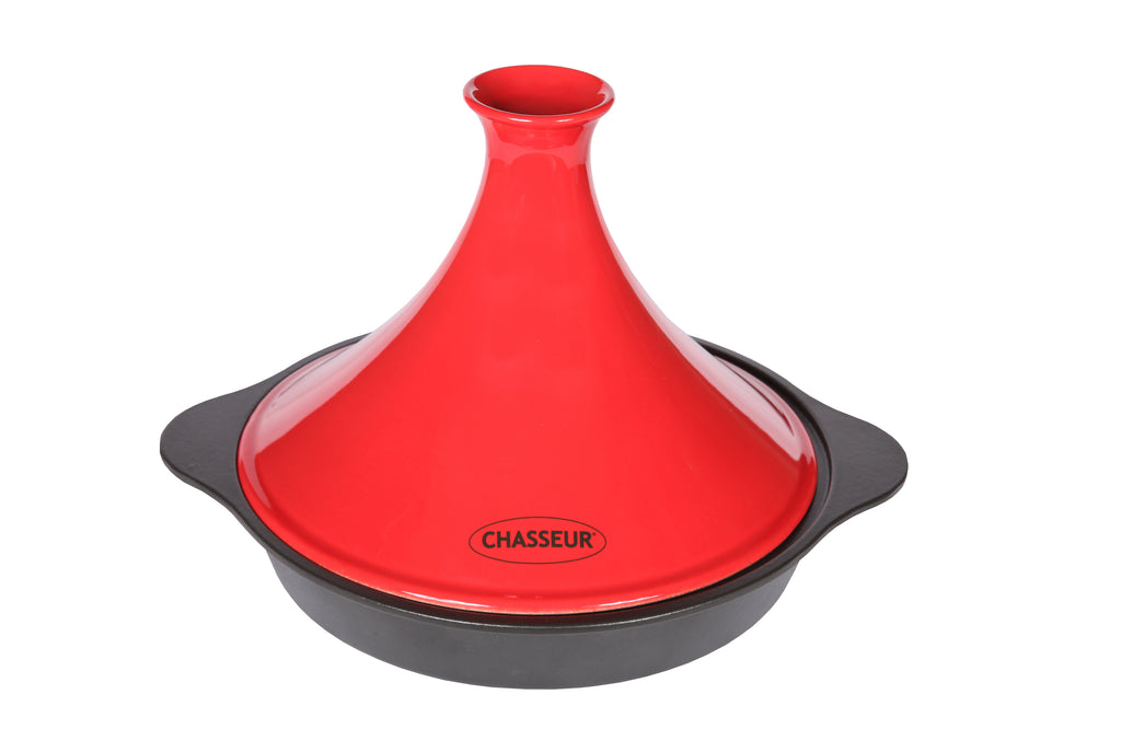 Chasseur French Enameled Cast Iron Tajine with Ceramic Cone Lid, 12-inch Diameter, Red