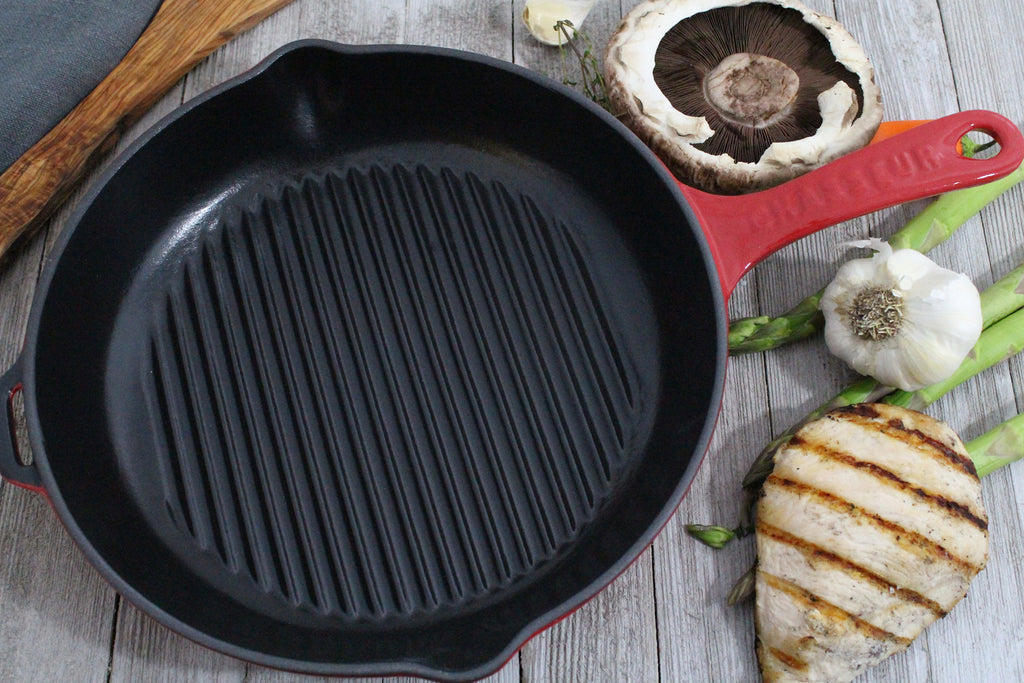 Chasseur 10-inch Red Round French Enameled Cast Iron Grill Pan