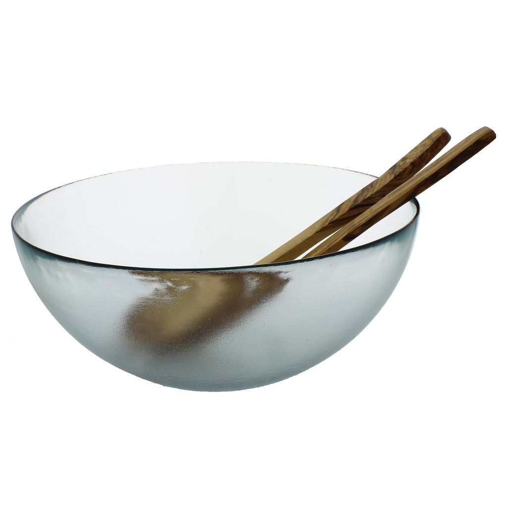 French Home Recycled Glass, Urban Salad Bowl and Olive Wood Servers, Clear
