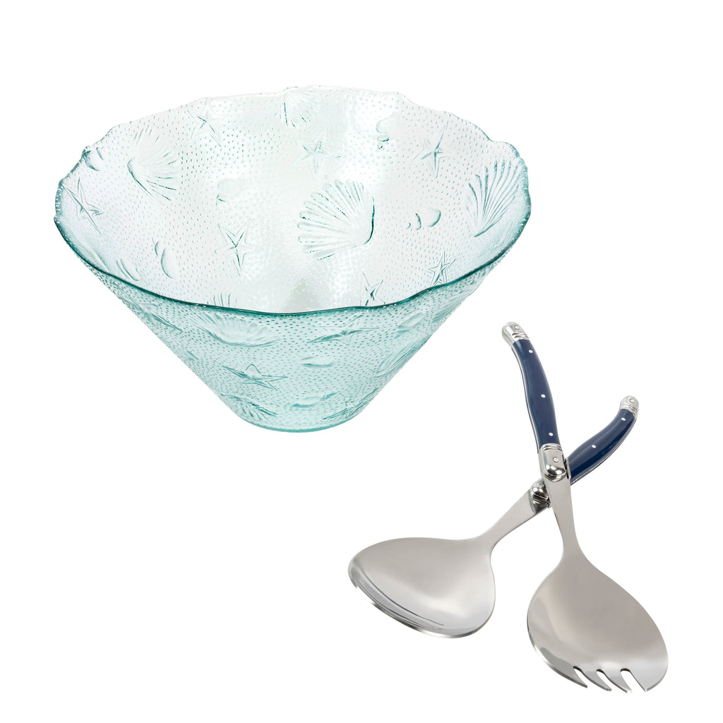 French Home Recycled Clear Glass 12"W x 6"H, Coastal Salad Bowl and Laguiole Salad Servers with Navy Blue Handles