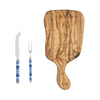 French Home Jubilee Cheese Knife, Fork, and Olive Wood Board Set - Shades of Denim